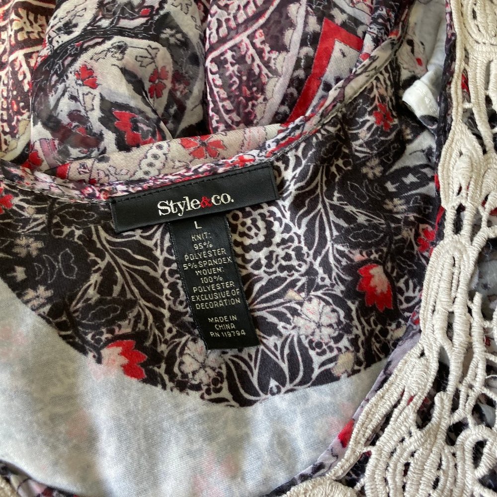 Style & Co. Print Crochet Flutter Sleeved Blouse Large - Picture 5 of 5